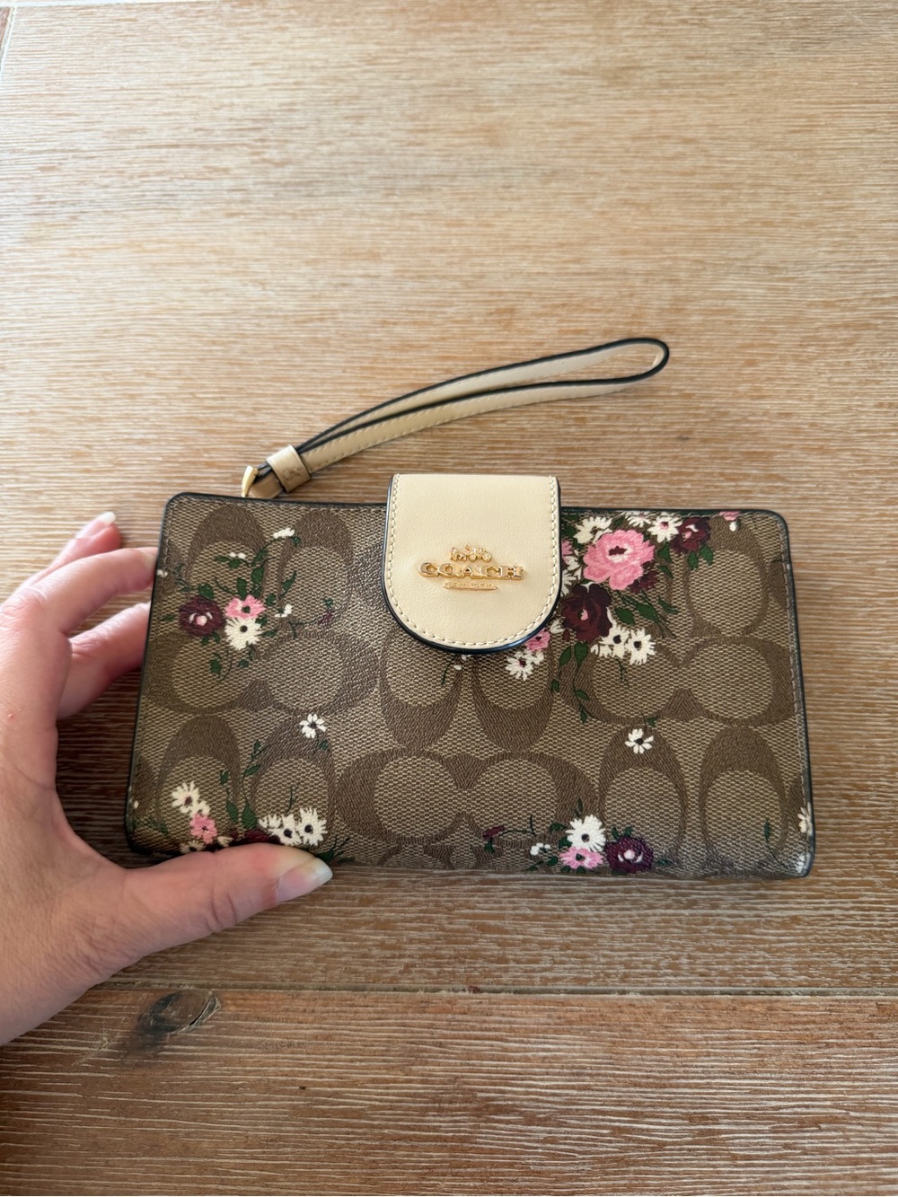 Coach Brown Floral Signature Wristlet Wallet with Cream Tab